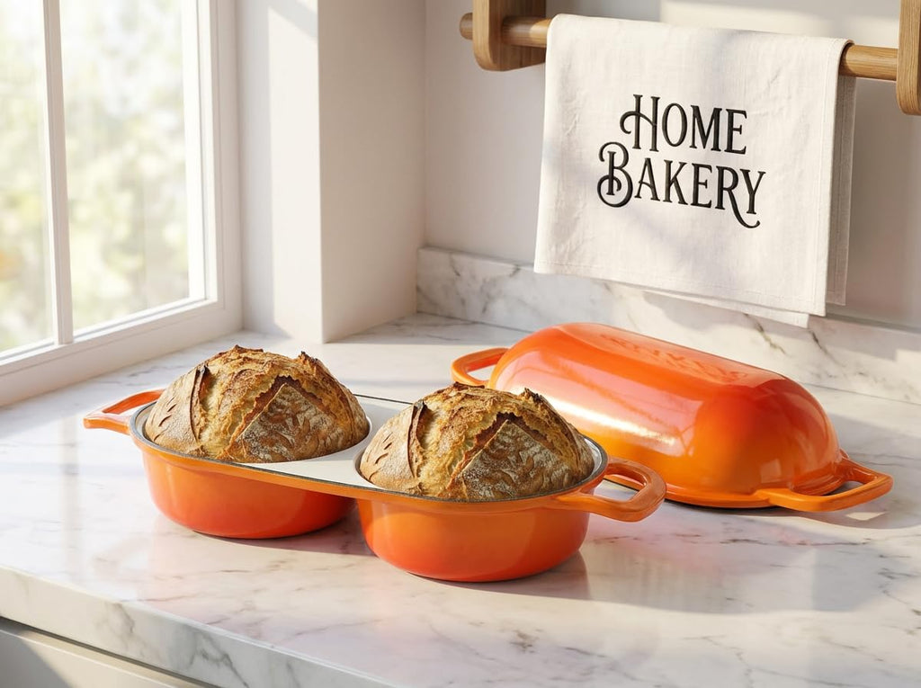 Double Dutch Oven for Bread Baking - Enamel Cast Iron Double Dutch Oven with Two 16.5cm Round Loaf Spaces, 500°F Heat