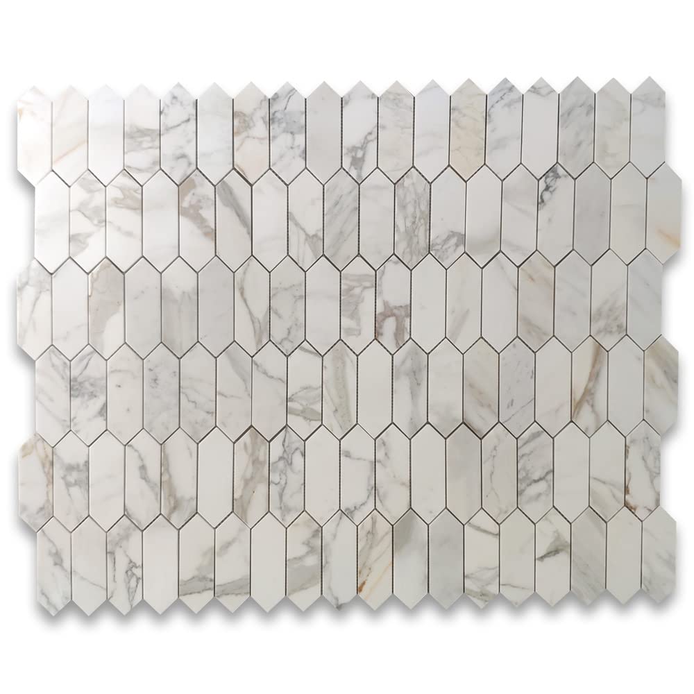Calacatta Gold Marble 2x6 Picket Fence Elongated Hexagon Mosaic Tile Honed Kitchen Bath Wall Floor Backsplash Shower