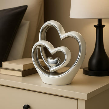 Silver Heart Ornament - Elegant Ceramic Couple Sculpture - White & Silver Tabletop Decor - Romantic Centerpiece or