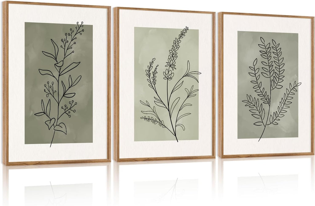 Botanical Sage Leaf Framed Canvas Wall Art Set Of 3, Minimalist Wall Decor, Boho Nature Floral Greenery Wall