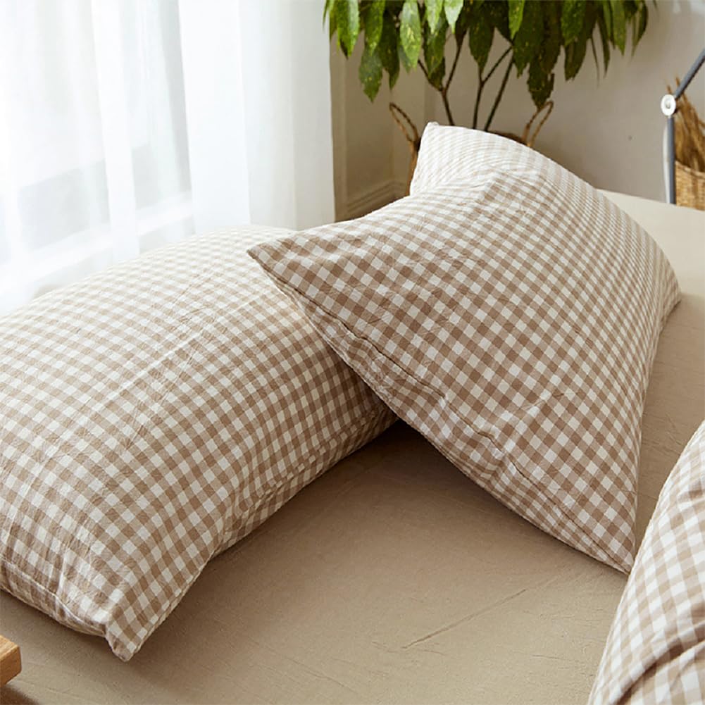 Tan Gingham Pillowcases Set Farmhouse Standard Size Pillow Shams Buffalo Taupe Plaid Pillowcases Set of 2, Grid