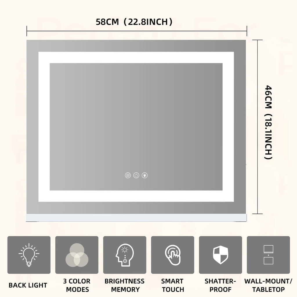 Vanity Mirror with Lights, 22" x 19" Backlit + Front Lit