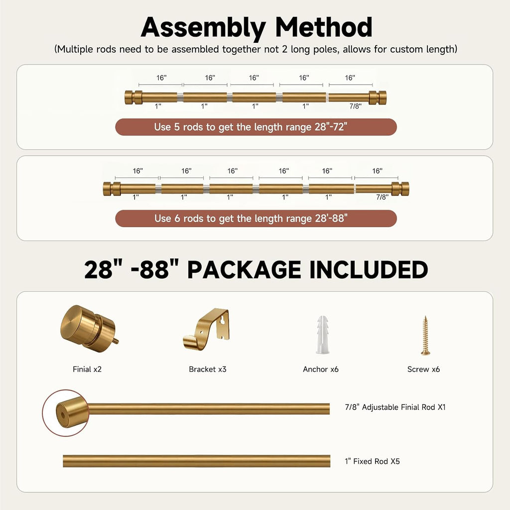 Warm Gold Curtain Rods with Solid Metal Finials 48 to 84 Inches Adjustable Heavy Duty 1 Inch Brass Curtain Rod for