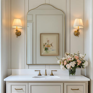 Brass Scalloped Arched Wall Mirror, 22x35 Brushed Gold Irregular Bathroom Mirror with Curved Design for Vanity