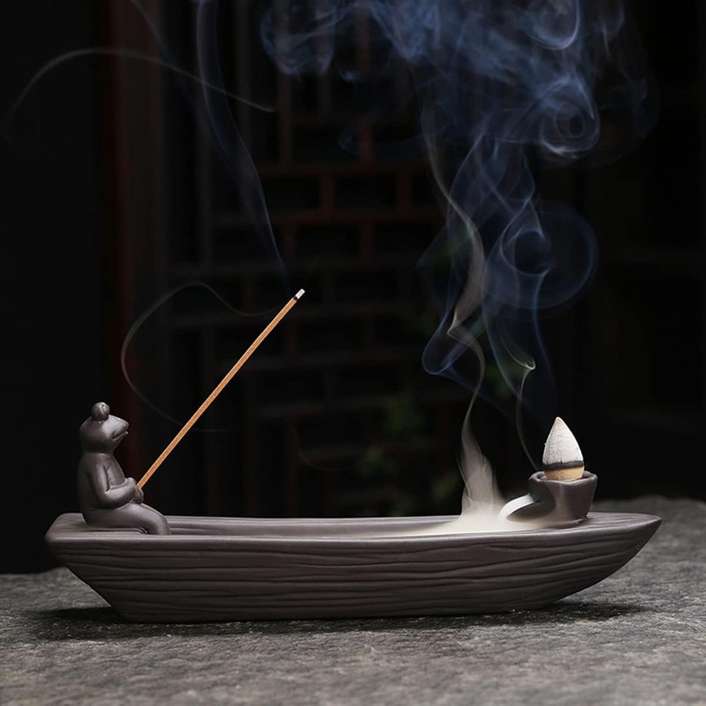 Frog Incense Holder Waterfall - Ceramic Cone Backflow Incense Burner Smoke Fountain, Back Flowing Incense Diffuser - Set of 54
