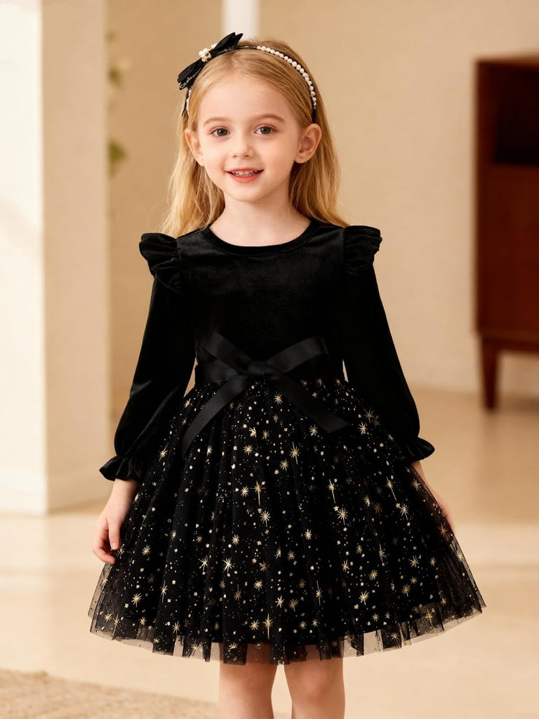 Toddler Girls Tutu Dresses Velvet Tulle Dress with Sequin Long Sleeve Holiday Party Fall Winter Dress