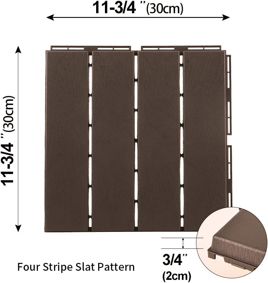 Patio Deck Tiles, 12 x 12 inches Composite Interlocking Decking Tile, Four Slat Plastic Outdoor Flooring, 9 Pieces One