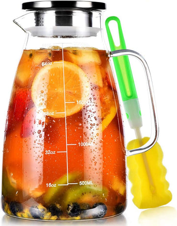 68oz Glass Pitcher with Lid, 2 Liter Glass Water Pitcher with Handle and Lid, Ice Tea Pitcher, Heat Resistant