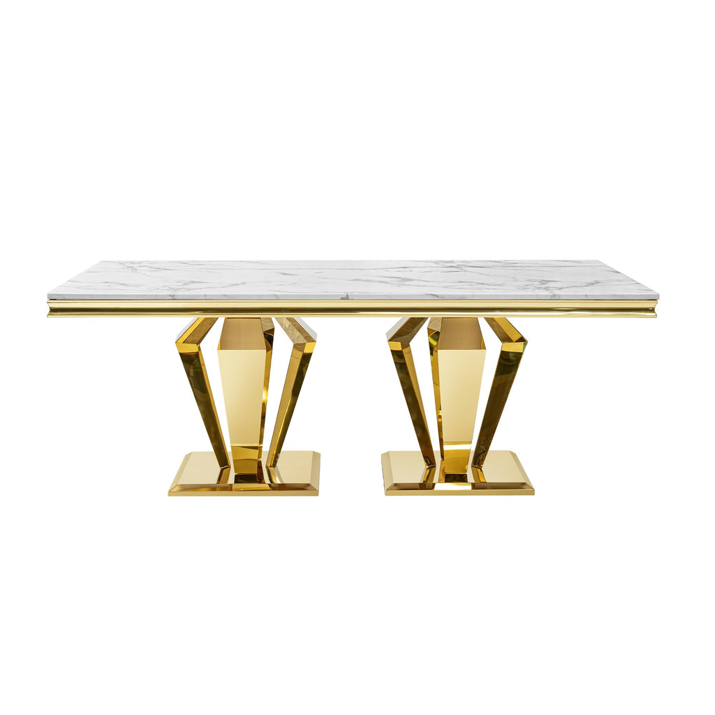 Modern Faux Marble Dining Table with Gold Stainless Steel Legs & White Marble Grain Top 66.9" Rectangular