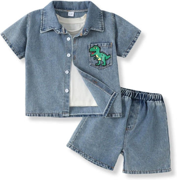 Klyatpxen 2Pcs Toddler Boys Denim Outfit Short Sleeve Button Up Jean Jacket Denim Shorts Summer Spring Clothing Set