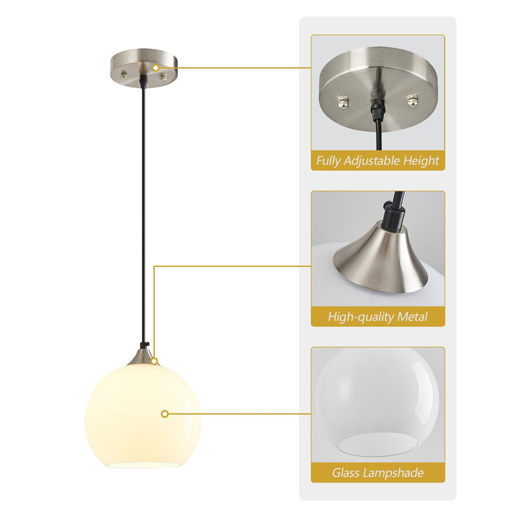 White Pendant Lights Kitchen Island 1 Pack, 7.87 in Milk Glass Globe