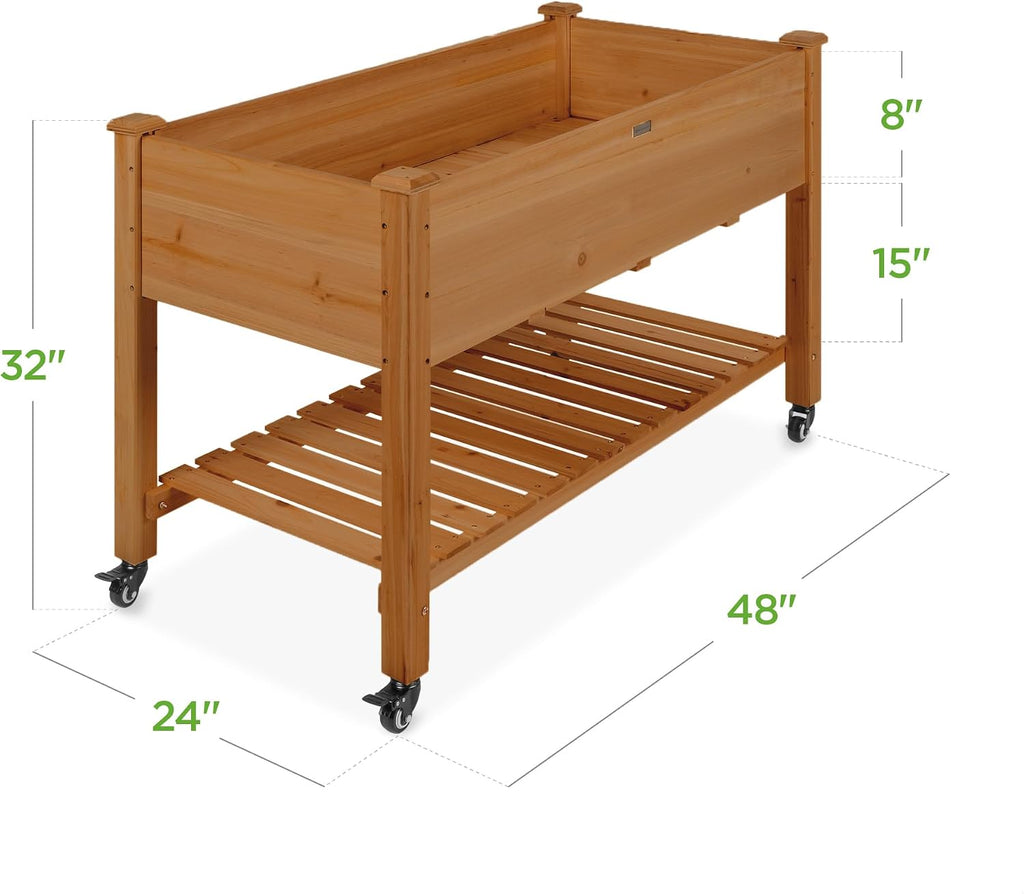 Raised Garden Bed 48x24x32-inch Mobile Elevated Wood Planter w/Lockable Wheels, Storage Shelf, Protective Liner