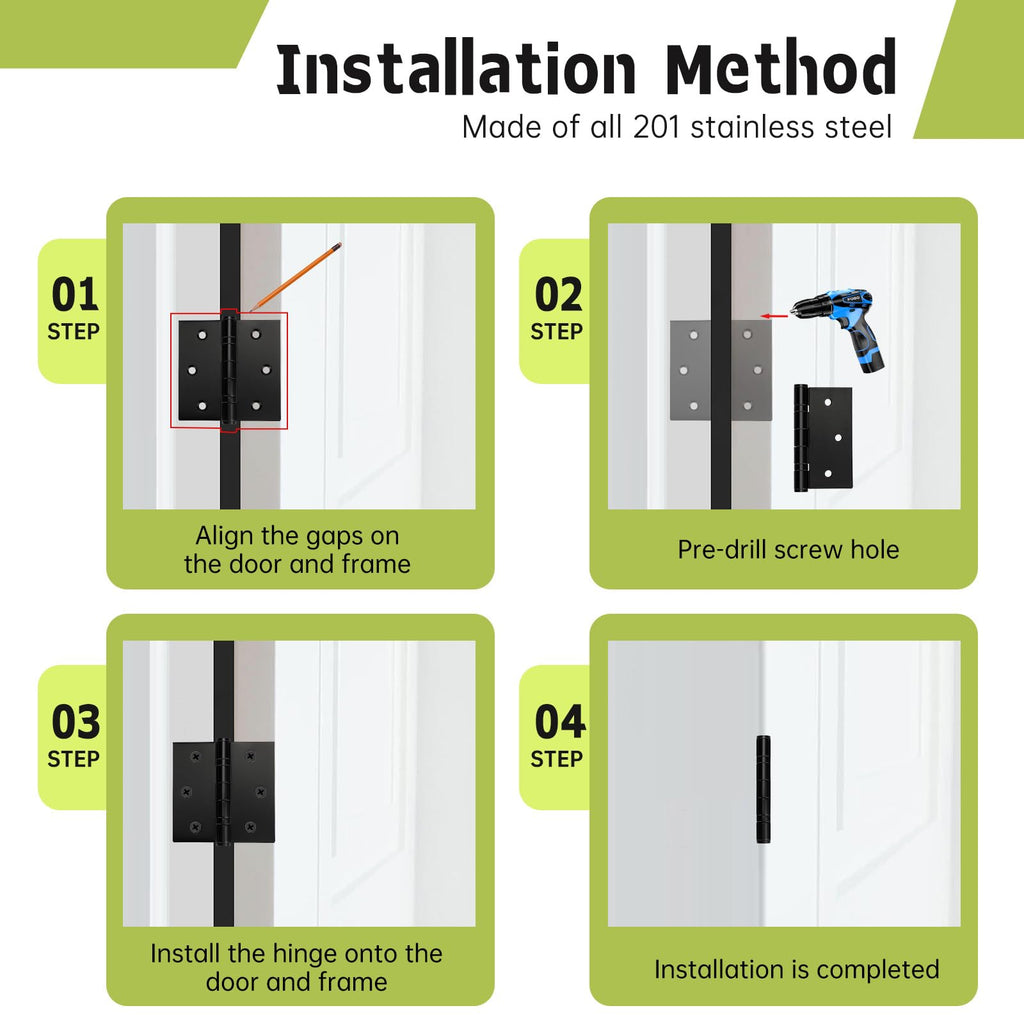 6 Pack Black Door Hinges 3.5 x 3.5 Inches, Heavy Duty Stainless Steel Ball Bearing Hinges with Screws, Square Corner