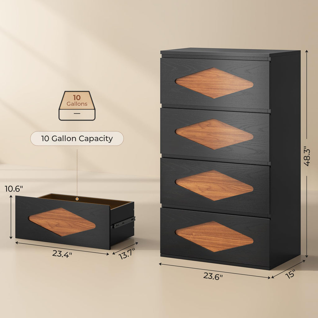 48.3'' Tall, 4 Chest of Wooden Deep Drawers, Vintage, Closet Storage Dressers Organizer (Black+Brown)