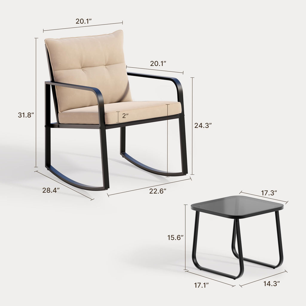 3 Pcs Rocking Bistro Set, Black Steel Patio Furniture, Beige Cushion