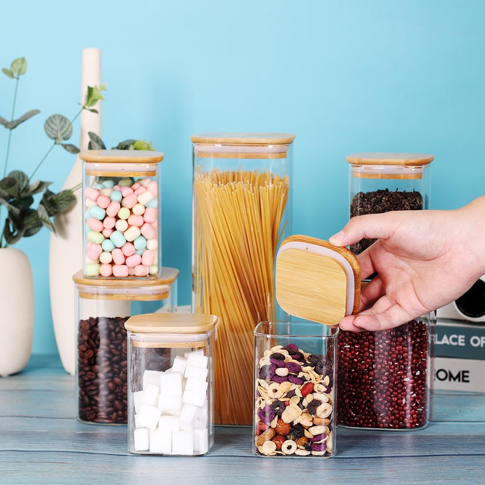 Glass Storage Canister with Wooden Lid, Set of 7 Square Glass Jars with Bamboo Lids, Glass Food Storage Containers