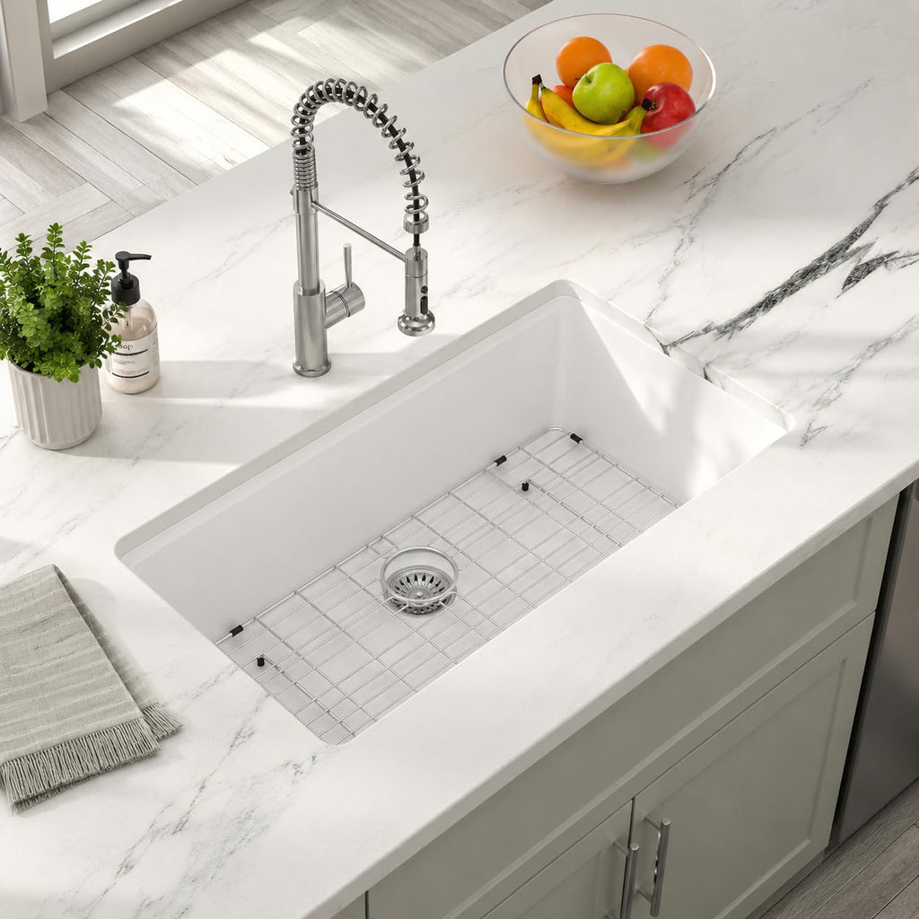 33 In. White Granite Composite Undermount Kitchen Sink Single Bowl Workstation, Quartz 33 Inch Kitchen Sink, 33" x