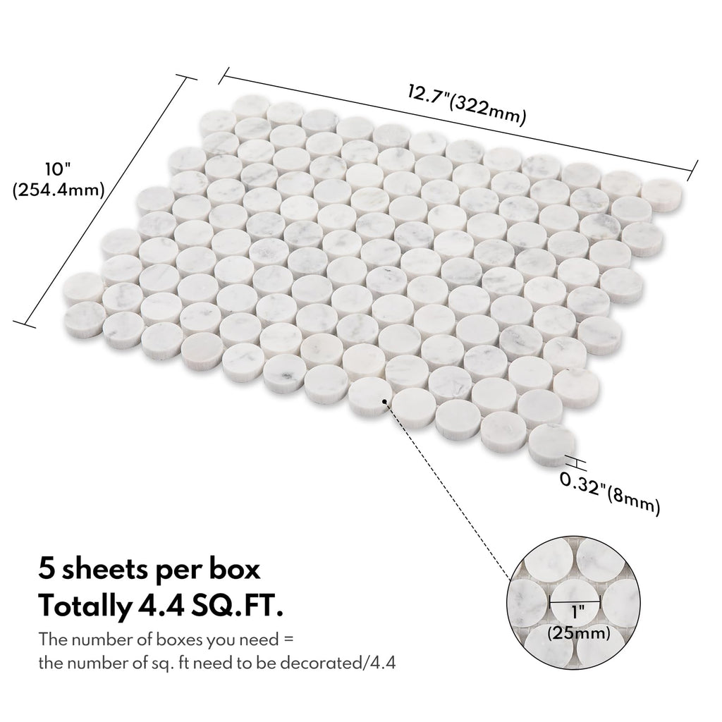 Carrara White Marble Stone 1 Inch Penny Italian Bianco Carrera Marble Mosaic Tile Wall Bathroom Shower Floor (5