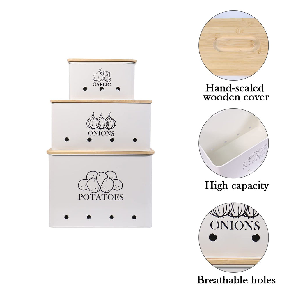Kitchen Vegetable Storage Tins Set of 3 for Potato Onion & Garlic with Wooden Lid and Aerating Holes, Kitchen Storage