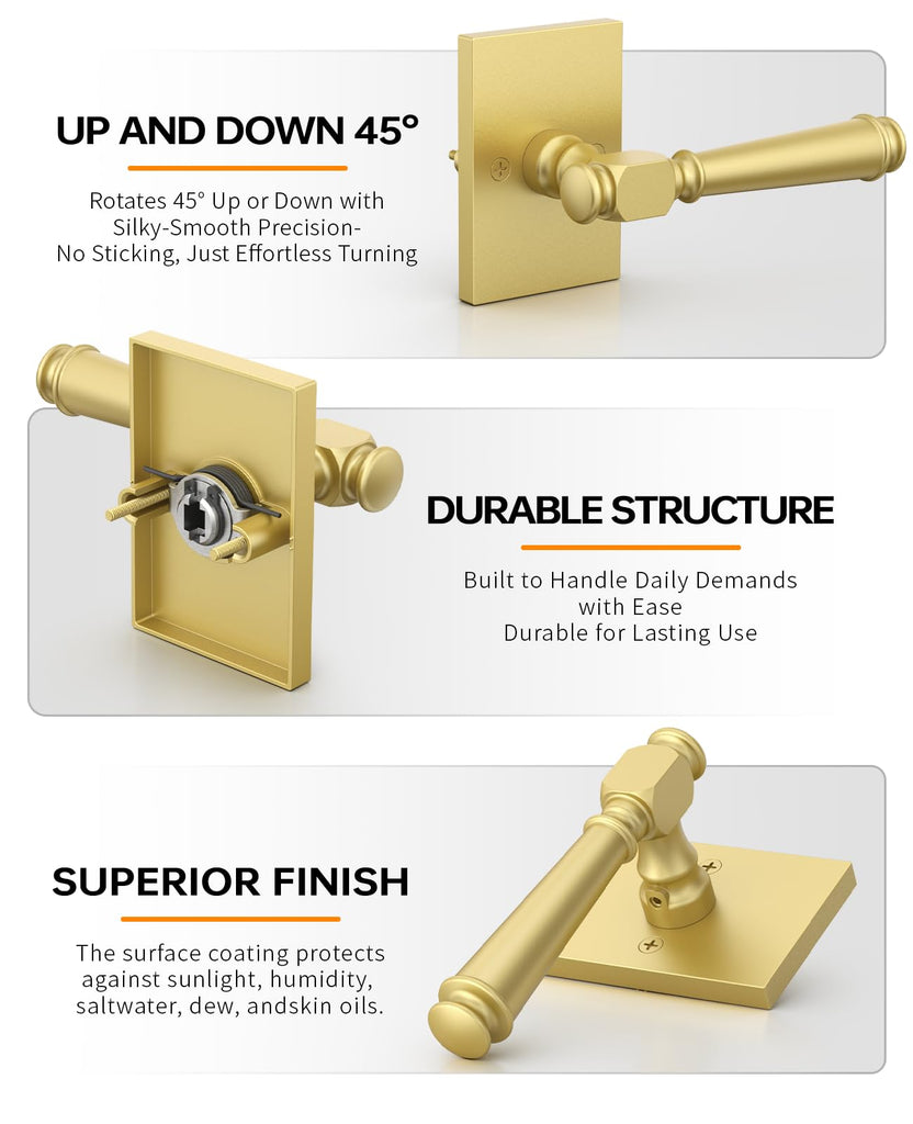 Brushed Gold Solid Heavy-Duty Front Door Handle Set with Deadbolt, Architectural Grade Modern Entry Door Lockset