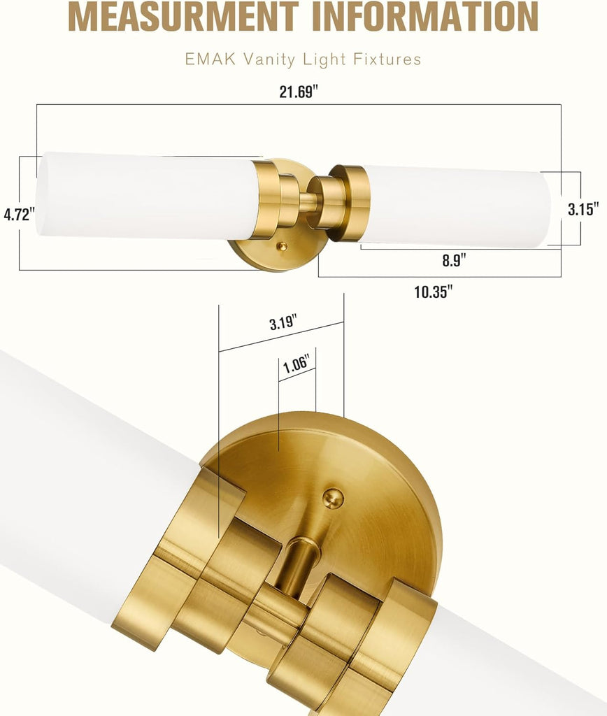 Modern 22 Inch Bathroom Light Fixtures Over Mirror, Brushed Gold Vanity Light Bar with Milk Glass Shade, 2-Light