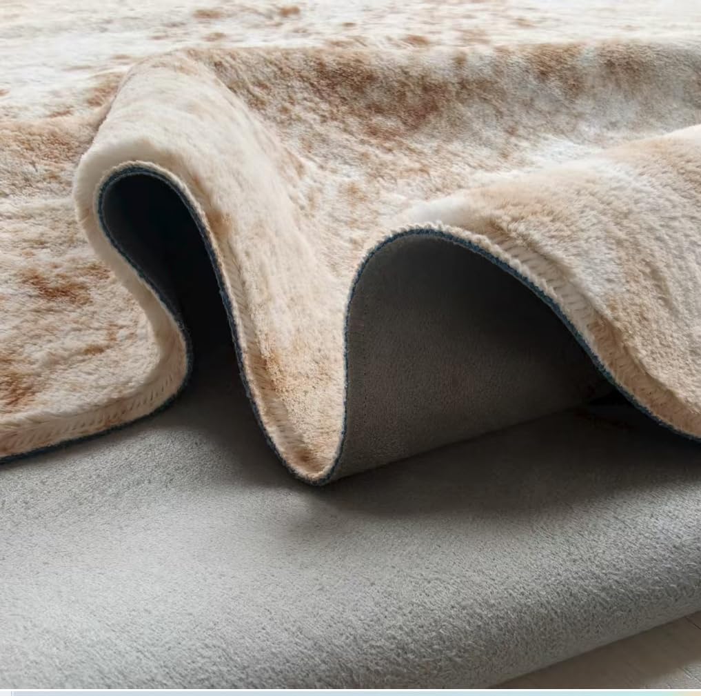 Large Faux Cowhide Rug Beige Brown Animal Print Shaggy Area Rug with Suede Backing, Non-Slip, Machine Washable