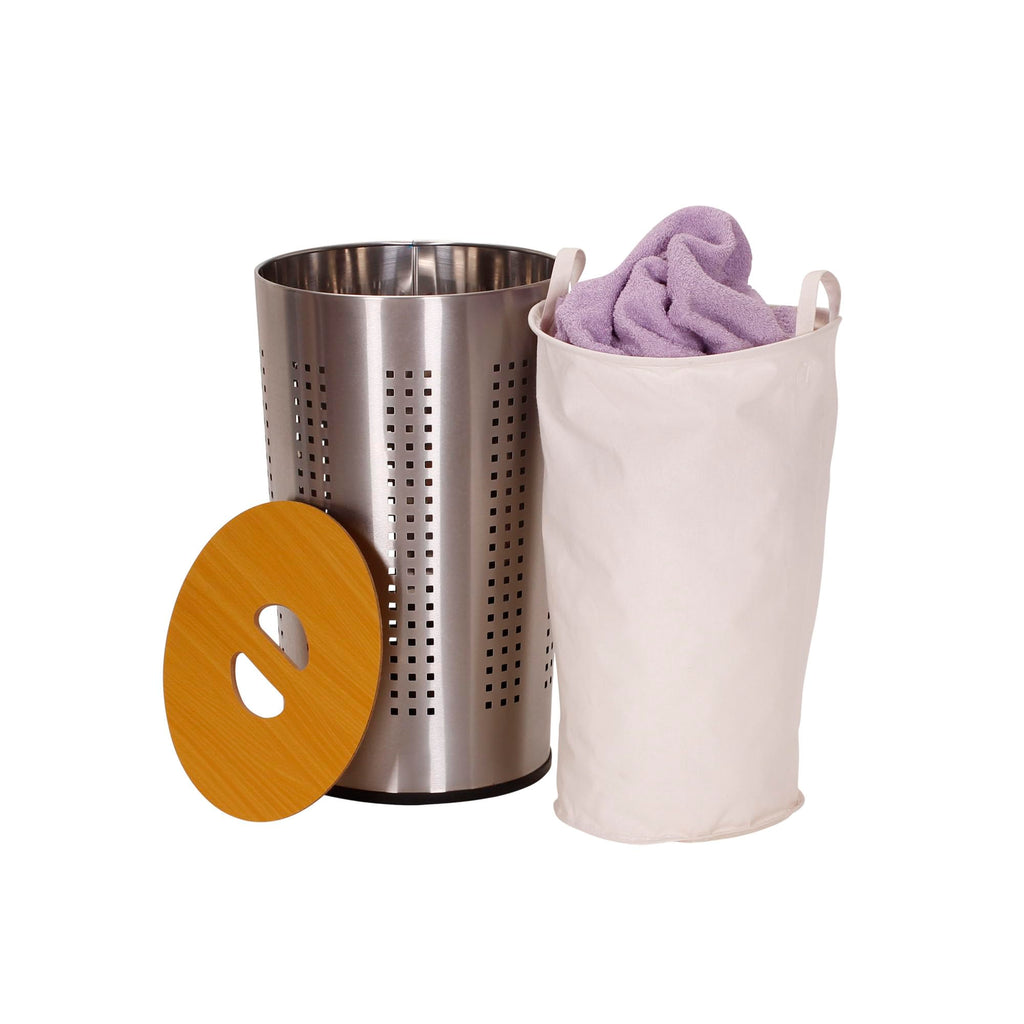 Round Metal Laundry Hamper with Engineered Wooden Lid, Removable Liner, and Ventilated Siding, Brushed Stainless