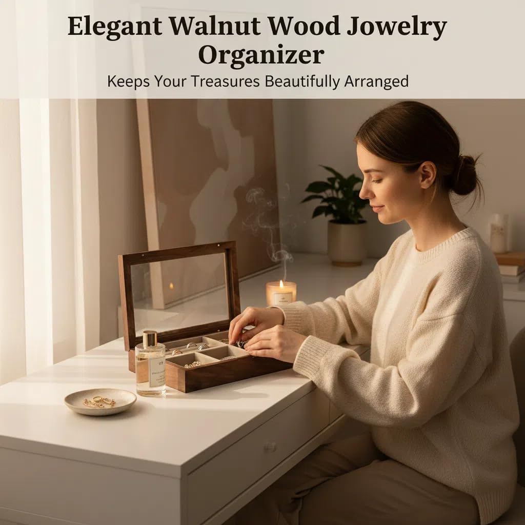 Wooden Jewelry Box with Glass Lid, Multi-Compartment Storage Display Case, Walnut Brown (Silver Walnut)