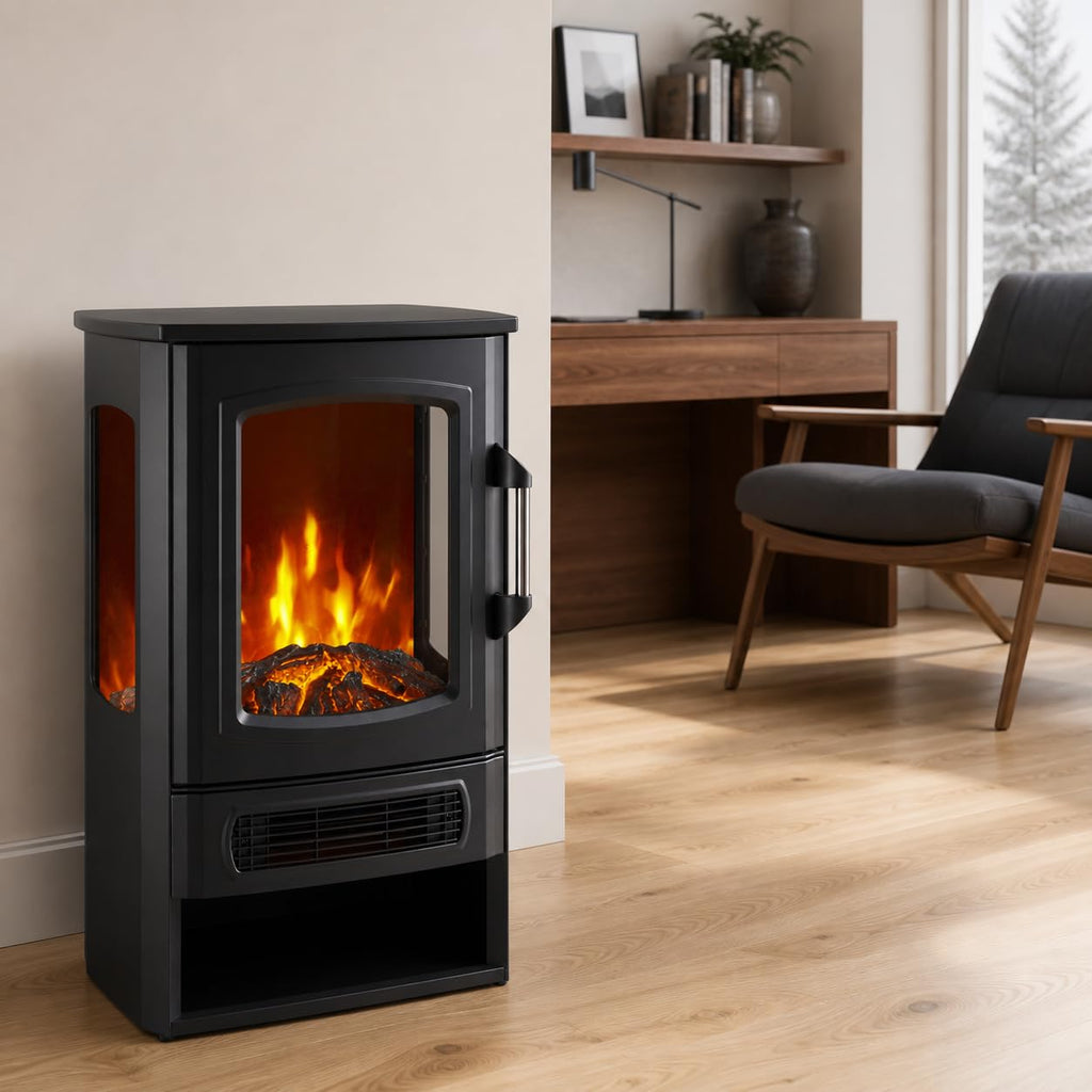 Three-Sided Electric Fireplace with Remote, 2-Stage with Heater, Thermostat & Timer, Iron+Glass+Plastic, Adjustable