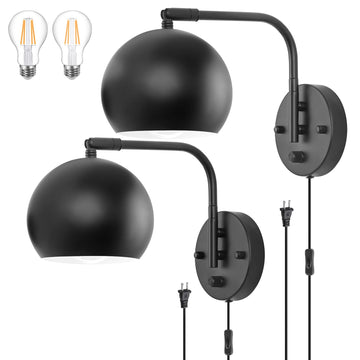 Dimmable Wall Sconces Set of 2, Plug in Wall Sconces Swing Arm Wall Lights with Plug in Cord and Dimmer On/Off Knob