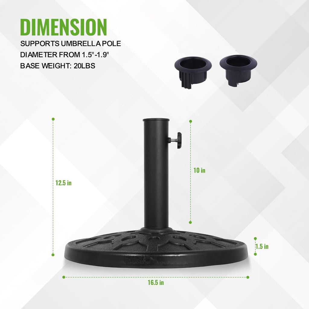 20 lb Round Patio Umbrella Base - Heavy Duty Resin-Coated Calcium Carbonate Stand with Adjustable Pole Adapters Fits