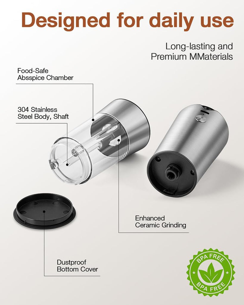 Gravity Electric Salt and Pepper Grinder Set, Automatic Mills with Rechargeable Charging Base, Built-in LED Light & - Set of 2
