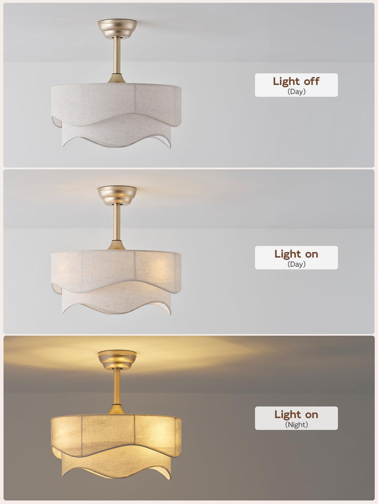 20" Boho Fandelier Ceiling Fans with Lights, Gold Caged Ceiling Fan with Light, Fabric Bladeless Fan with Remote