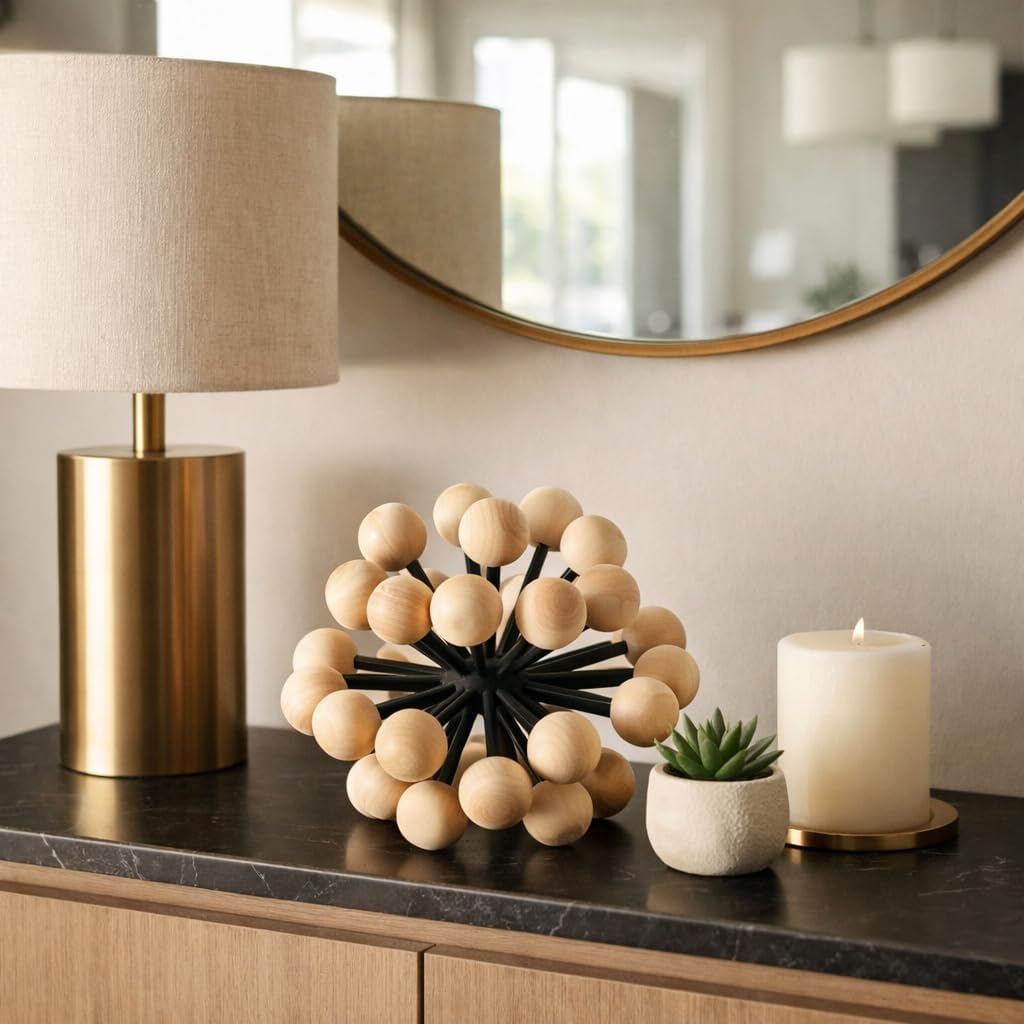 Orb Decorative Ball for Bowls with Wooden Knobs - Metal & Fir Wood, Casual Bowl Filler Decor, Centerpiece Filler