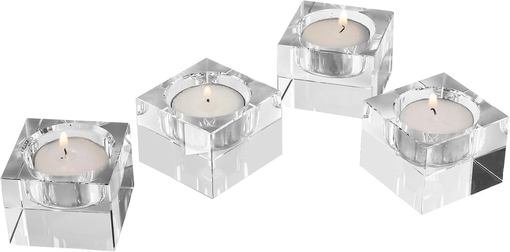 Home Crystal Tealight Candle Holders Pack of 4, 1.5 Inches Height, Heavy Solid Square Hand Cut Tealight Holders Sets