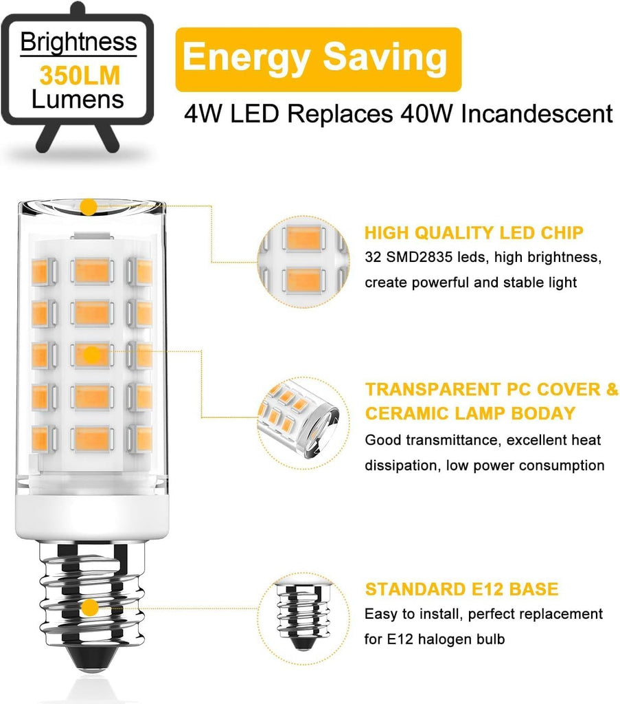 E12 LED Bulb 4W 40W Halogen Equivalent, 3000K Warm White, 400LM, 120V 6Pack