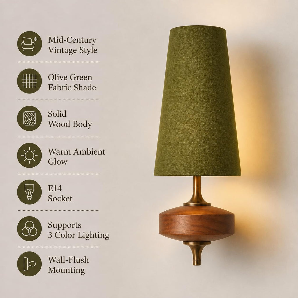 Vintage Mid-Century Wall Sconce, Solid Wooden & Fabric Wall Lamp, E14 LED Wall Light (38×15cm)(Green)
