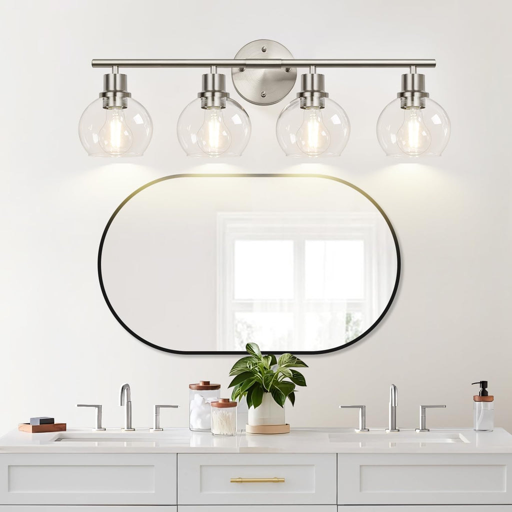 4-Light Bathroom Light Fixtures, Brushed Nickel Modern Vanity Lights Over Mirror with Clear Glass Globe Shade