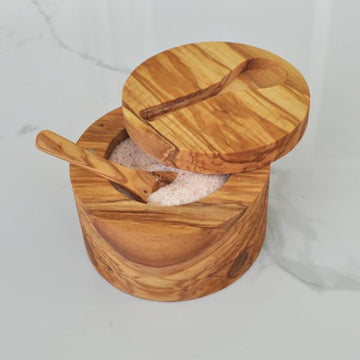 Olive Wood Salt Cellar with Inset Spoon. Magnetic, swivel lid. Spoon is held by a magnet on lid. Salt cellar, salt