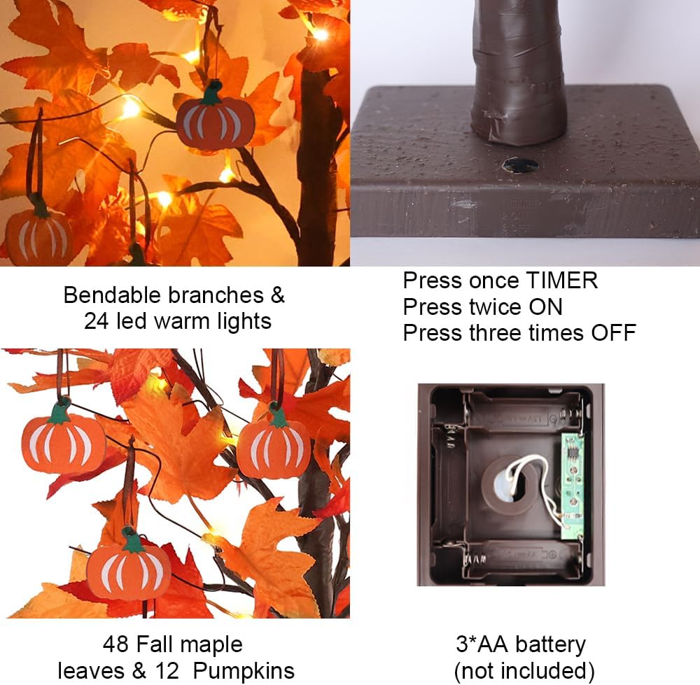 Fall Decorations, Thanksgiving Decorations, 24"2FT Lighted Maple Leaves Tree with 24 LEDs & 12 Wood Pumpkin