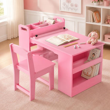 49'' Kids Art Table,Craft Desk with 2 Chairs & Storage Shelves