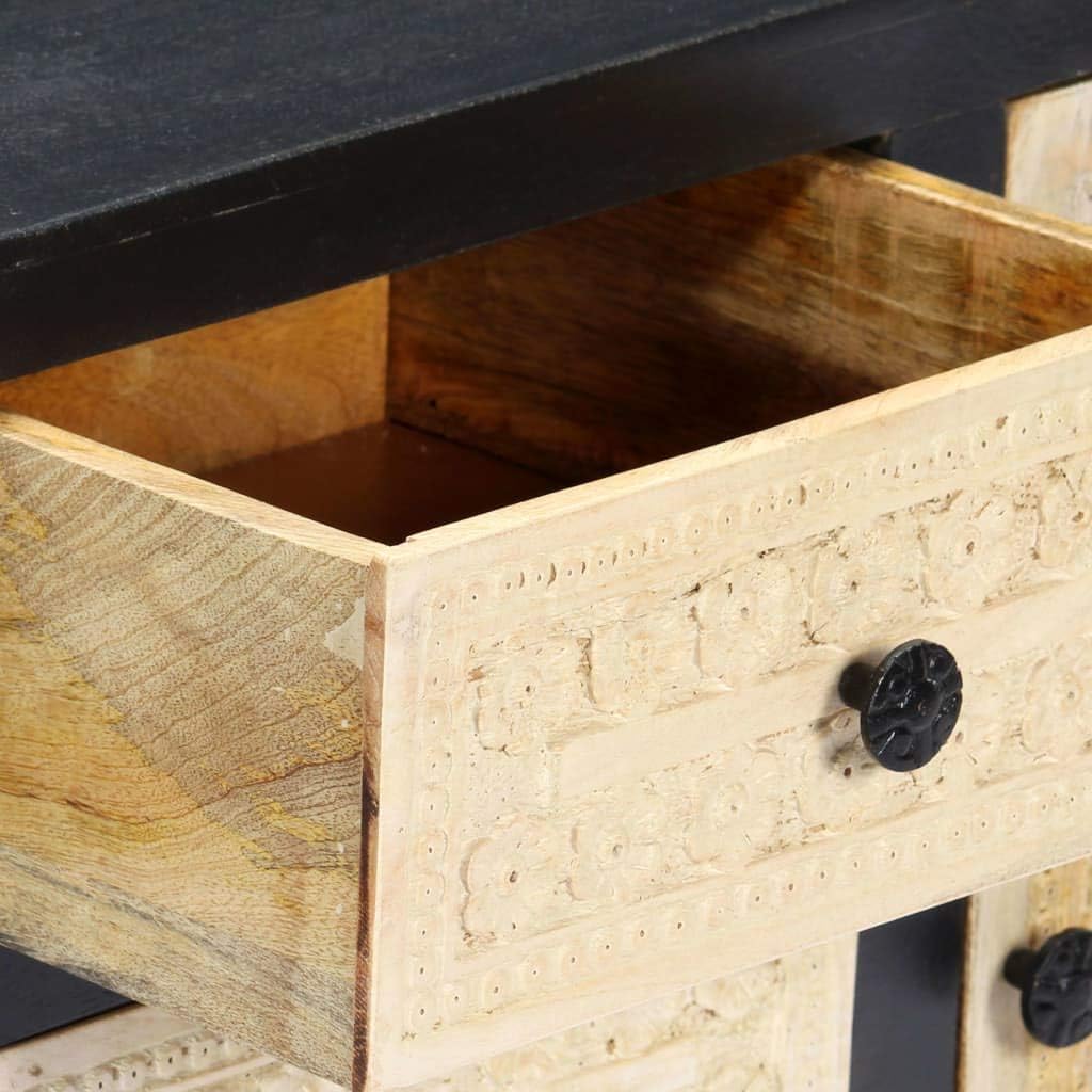 Hand Carved Side Cabinet, Solid Mango Wood Accent Storage Chest with 3 Drawers and 1 Door, Decorative Bedside