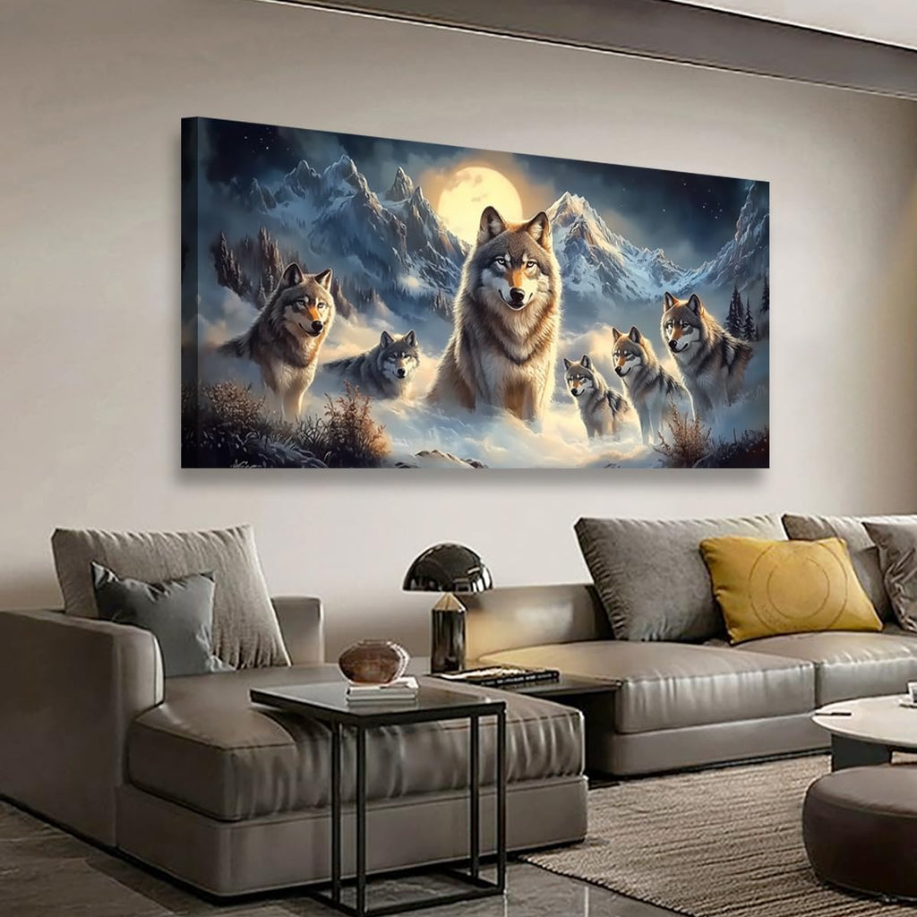 Framed Wolf Wall Art, 40x20 Inch Large Horizontal Mountain Moon Wolves Canvas Prints, Rustic Wildlife Nature Wall