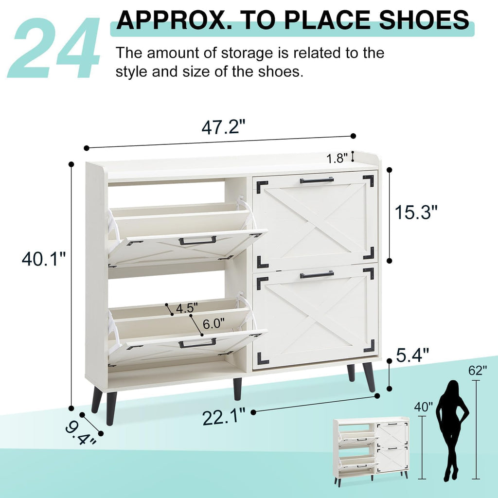 Shoe Storage Cabinet, Farmhouse Shoe Organizer with 4 Flip Drawers & Barn Door Design, Freestanding Hidden Slim Narrow