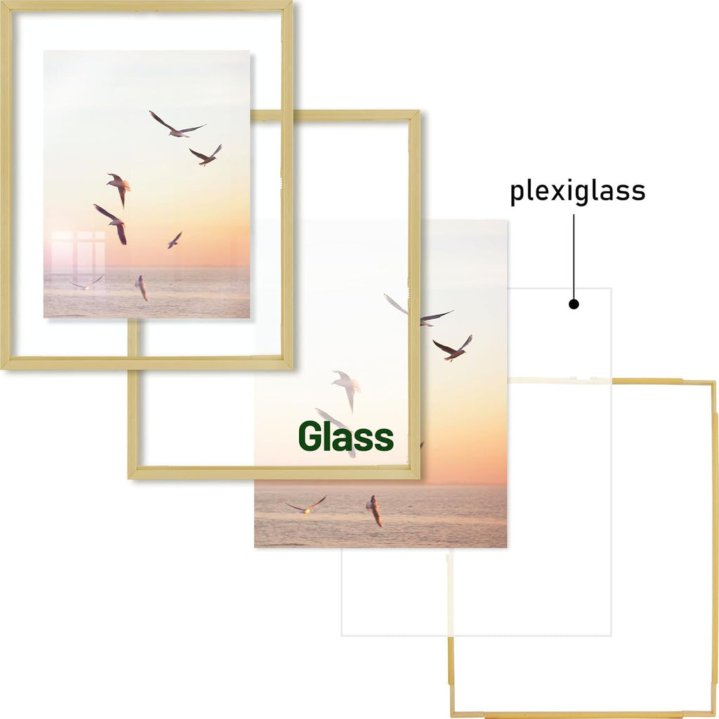 11x14 Gold Aluminum Floating Picture Frame Real Glass | Tempered Glass Front, Plexiglass Back, Wall Mount Display