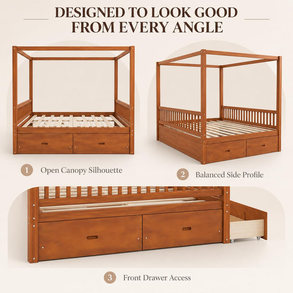Queen Size Wood Canopy Bed Frame, Walnut Vintage Four-Posters Frames