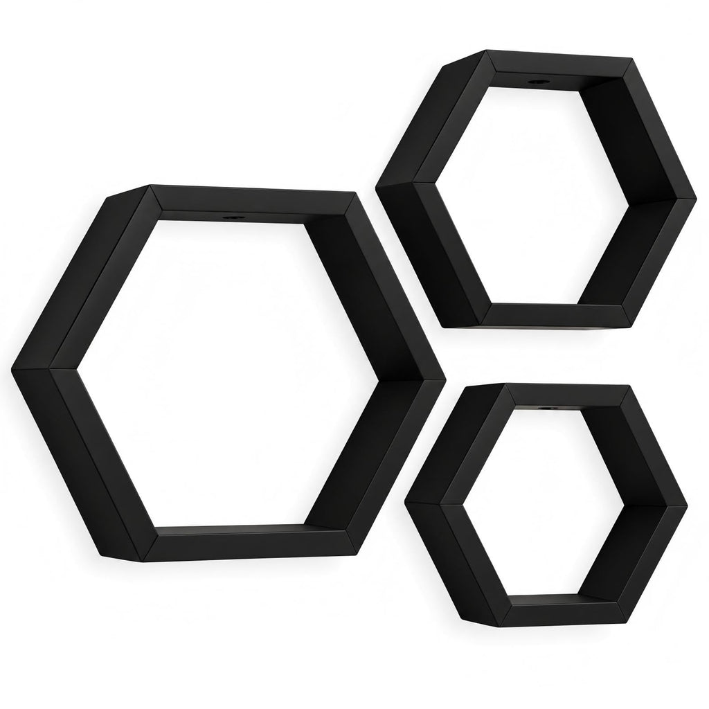 Wall Mounted Hexagon Floating Shelves, Wooden Wall Organizer Hanging Shelf Decor, Set of 3, Black