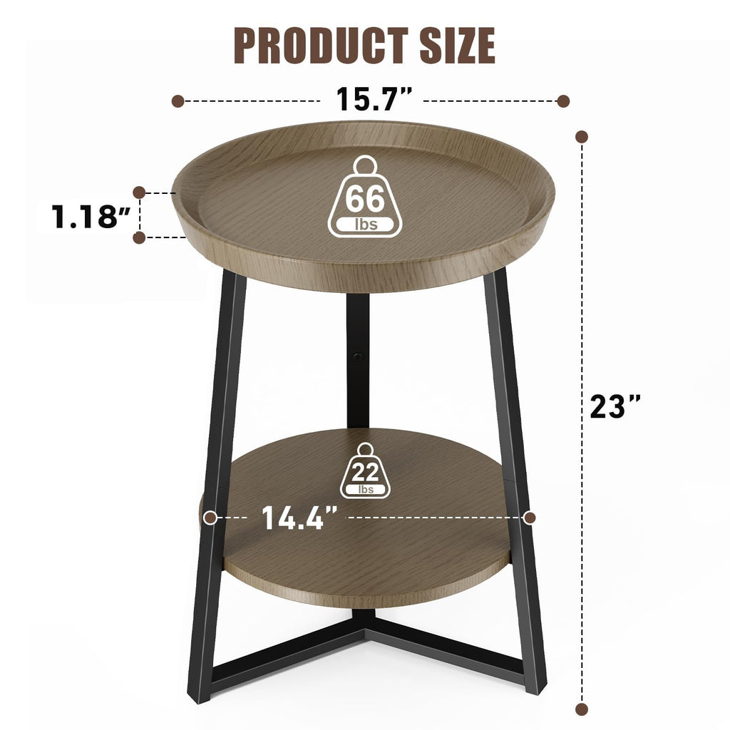 Round End Table with Storage Shelf, Walnut Color