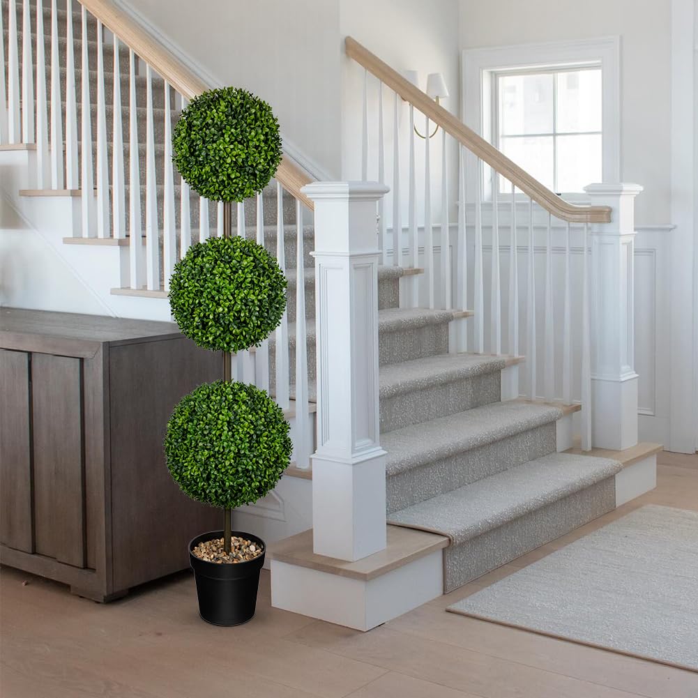 4.1FT Large Triple Ball Topiary Trees Artificial Outdoor Trees for Porch UV Resistant Pre-Potted Shrubs Boxwood