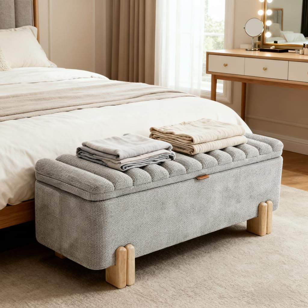 45" Storage Bench Velvet Entryway Bench Upholstered Ottoman Bench with Wavy Top & Safty Hinge Living Room Hallway
